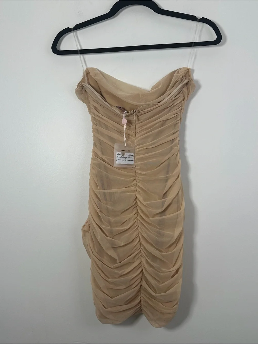 Oh Polly Nude Beige Ruched Mesh Bodycon Mini Dress Size US 4 NWT